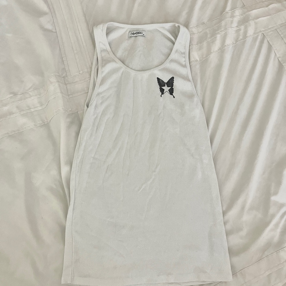 Lauren Moshi White Tank Top with Black Butterfly